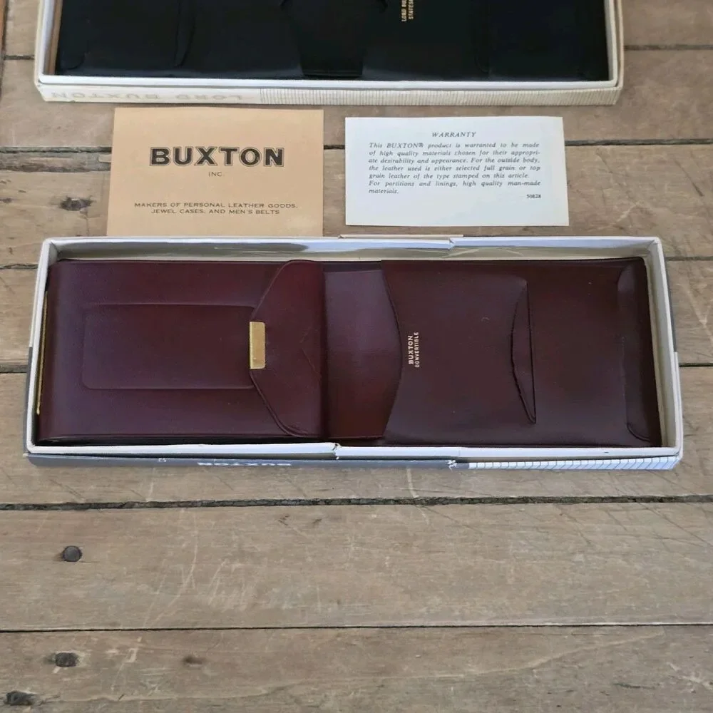 Vintage Buxton Men’s Leather Wallets 1 Black 1 Burgundy Lot Of 2 With Boxes READ